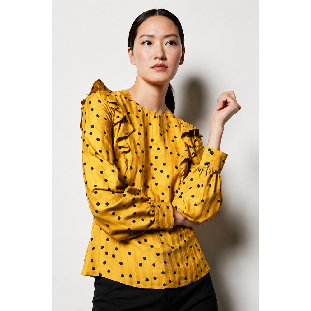 Karen Millen Mustard Yellow Black Polka Dot Ruffle Blouse Size US 2 Dopamine Fun